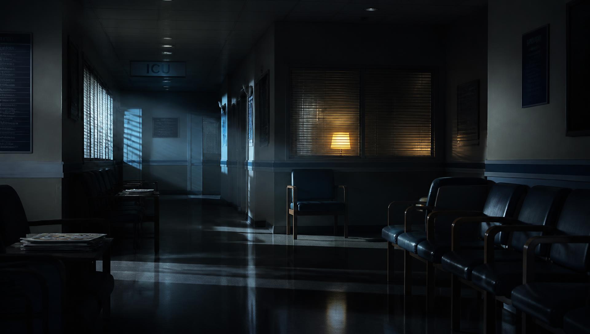 An empty ICU waiting room at night, lit by a single warm lamp