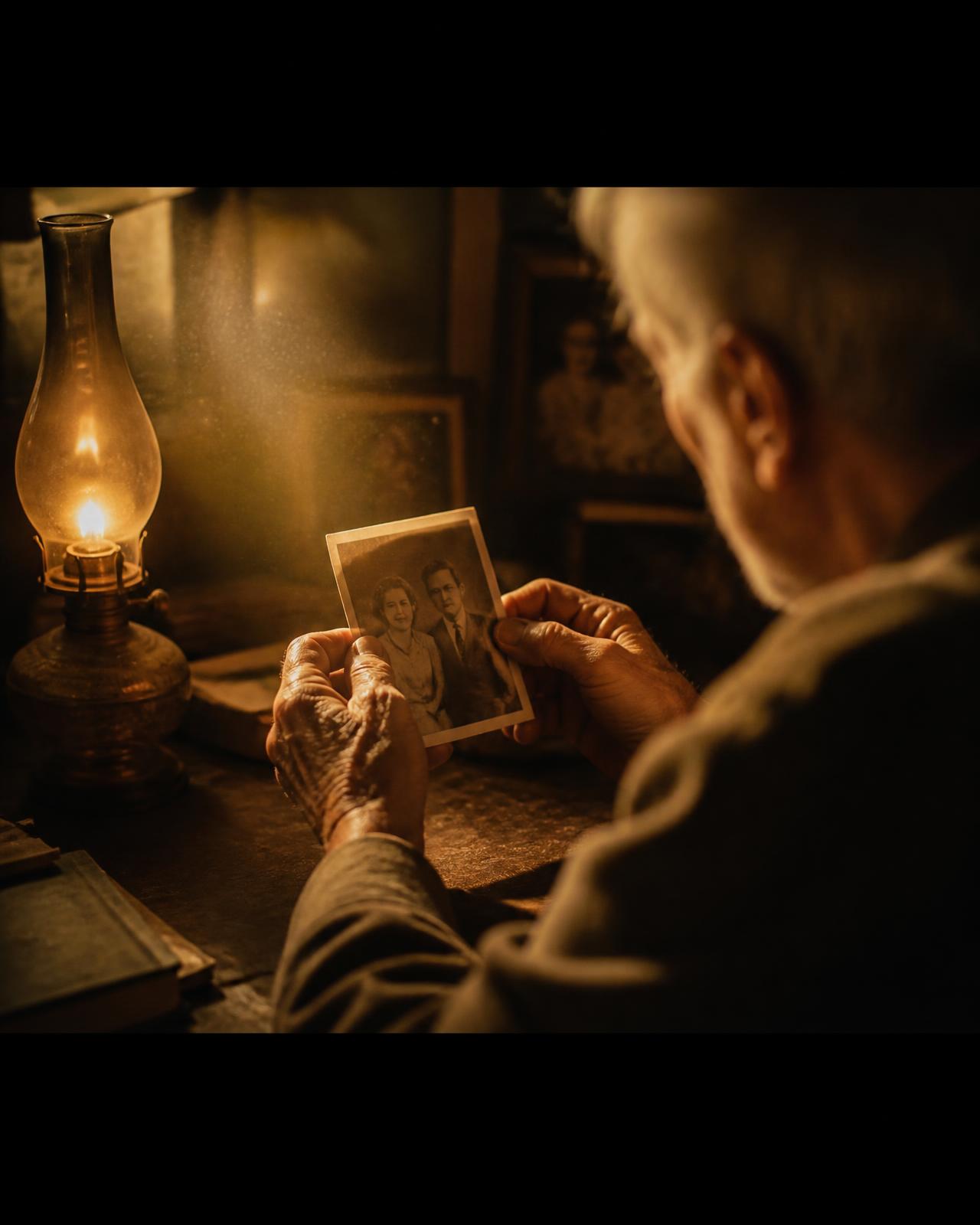 An elderly man holding an old photograph by lamplight