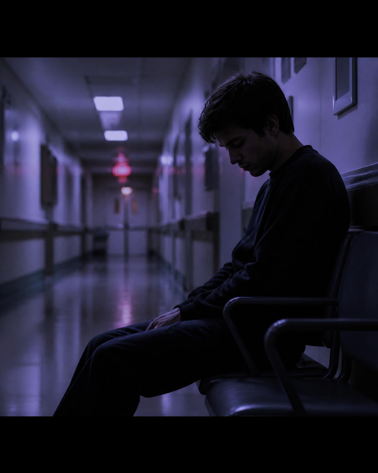 A young man sitting alone in a cold hospital corridor